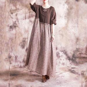 Japanese Style Cotton Linen Shift Dress High-Waisted Floral Print Dress