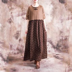 Japanese Style Cotton Linen Shift Dress High-Waisted Floral Print Dress