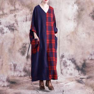 Classical Cotton Linen Belted Plaid Dress Plus Size V-Neck Caftan