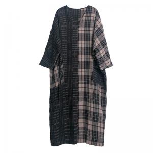 Classical Cotton Linen Belted Plaid Dress Plus Size V-Neck Caftan