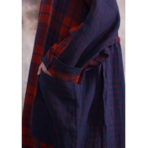 Classical Cotton Linen Belted Plaid Dress Plus Size V-Neck Caftan