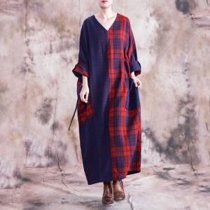 Classical Cotton Linen Belted Plaid Dress Plus Size V-Neck Caftan