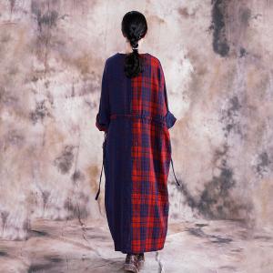 Classical Cotton Linen Belted Plaid Dress Plus Size V-Neck Caftan