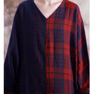 Classical Cotton Linen Belted Plaid Dress Plus Size V-Neck Caftan