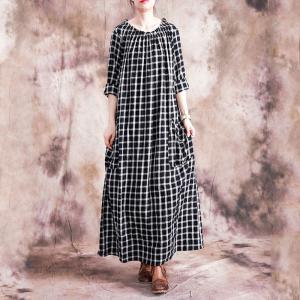 Front Pockets Long Sleeve Checkered Dress Cotton Linen Black Fall Dress