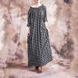 Front Pockets Long Sleeve Checkered Dress Cotton Linen Black Fall Dress