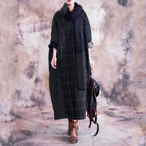 Black Checks Plus Size Caftan Long Sleeve Linen Frock for Woman