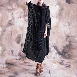 Black Checks Plus Size Caftan Long Sleeve Linen Frock for Woman