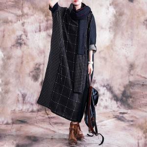 Black Checks Plus Size Caftan Long Sleeve Linen Frock for Woman