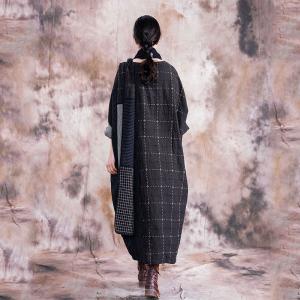 Black Checks Plus Size Caftan Long Sleeve Linen Frock for Woman
