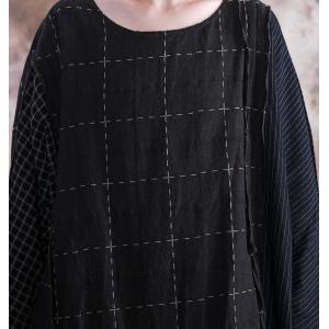 Black Checks Plus Size Caftan Long Sleeve Linen Frock for Woman