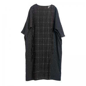 Black Checks Plus Size Caftan Long Sleeve Linen Frock for Woman