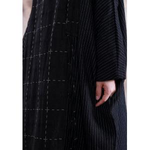 Black Checks Plus Size Caftan Long Sleeve Linen Frock for Woman