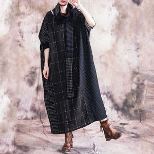 Black Checks Plus Size Caftan Long Sleeve Linen Frock for Woman