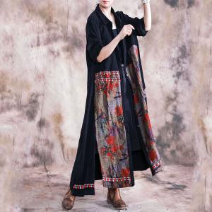Over50 Style Printed Long Shirt Tassel Thigh Slits Ethnic Outerwear