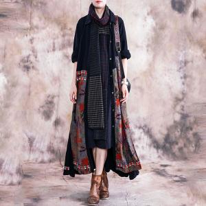 Over50 Style Printed Long Shirt Tassel Thigh Slits Ethnic Outerwear