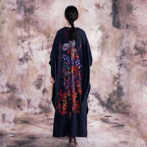 Colorful Flowers Bat Sleeve Drawstring Dress Plus Size Maxi Knitting Dress