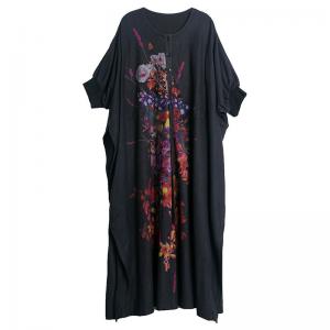 Colorful Flowers Bat Sleeve Drawstring Dress Plus Size Maxi Knitting Dress