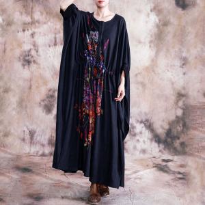 Colorful Flowers Bat Sleeve Drawstring Dress Plus Size Maxi Knitting Dress