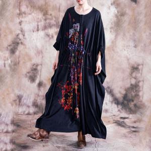 Colorful Flowers Bat Sleeve Drawstring Dress Plus Size Maxi Knitting Dress