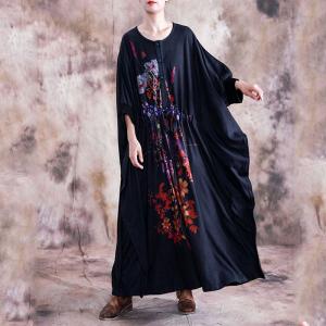 Colorful Flowers Bat Sleeve Drawstring Dress Plus Size Maxi Knitting Dress