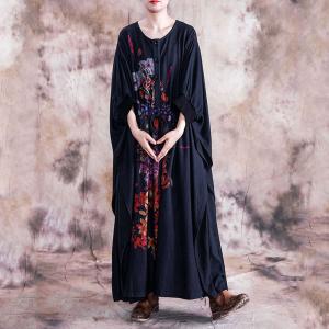 Colorful Flowers Bat Sleeve Drawstring Dress Plus Size Maxi Knitting Dress