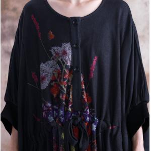 Colorful Flowers Bat Sleeve Drawstring Dress Plus Size Maxi Knitting Dress