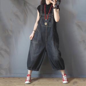Patch Pockets Vintage Denim Dungarees Womans Baggy Overalls
