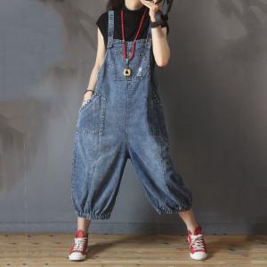 Patch Pockets Vintage Denim Dungarees Womans Baggy Overalls