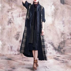 Loose Checkered Long Shirt Dress Cotton Linen Outerwear for Senior Woman