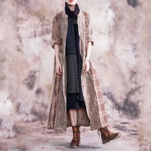 Loose Checkered Long Shirt Dress Cotton Linen Outerwear for Senior Woman