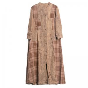 Loose Checkered Long Shirt Dress Cotton Linen Outerwear for Senior Woman