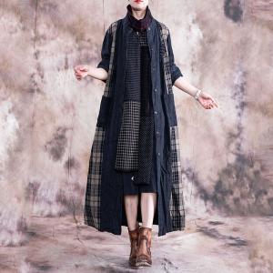 Loose Checkered Long Shirt Dress Cotton Linen Outerwear for Senior Woman