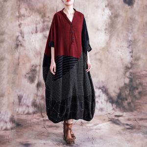 Red Contrast Linen Balloon Dress Plus Size Plaid Dress