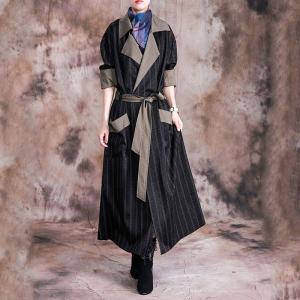 Winter Fashion Maxi Striped Coat Womans Wool Black Trench Coat