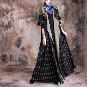 Winter Fashion Maxi Striped Coat Womans Wool Black Trench Coat