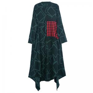 Red Checks Patchwork Asymmetrical Coat Cotton Blended Geometric Outerwear