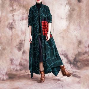 Red Checks Patchwork Asymmetrical Coat Cotton Blended Geometric Outerwear