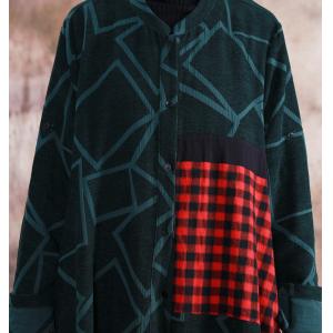 Red Checks Patchwork Asymmetrical Coat Cotton Blended Geometric Outerwear