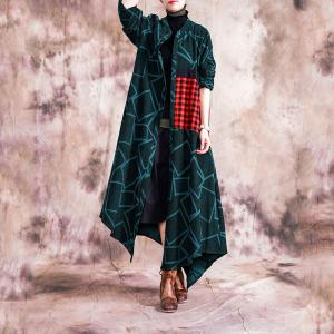 Red Checks Patchwork Asymmetrical Coat Cotton Blended Geometric Outerwear