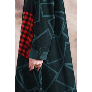 Red Checks Patchwork Asymmetrical Coat Cotton Blended Geometric Outerwear