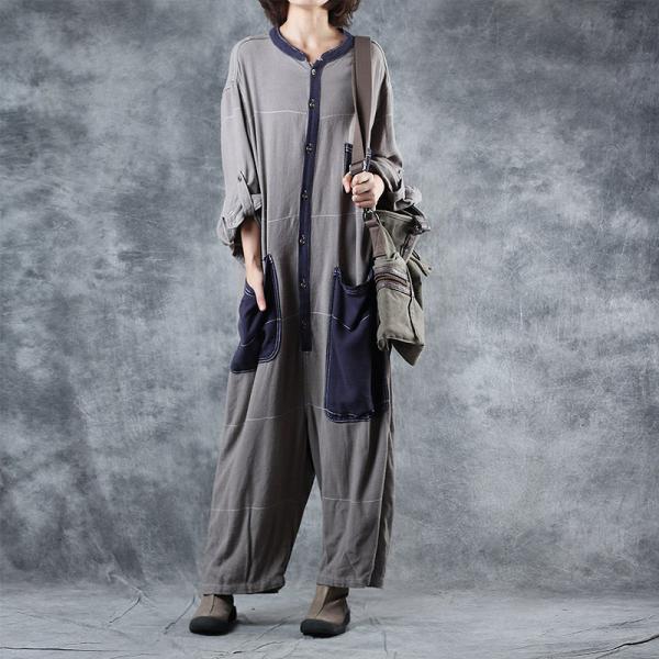 Cotton Linen Gray Jumpsuits Plus Size Vintage Jumpsuits for Women