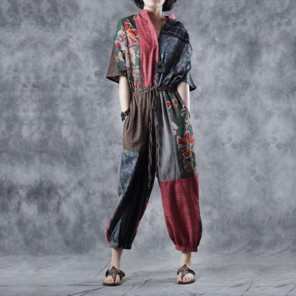 Folk Style Printed Linen Jumpsuits Vintage Loose Drawstring Jumpsuits