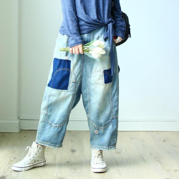 Street Style Blue Patchwork Baggy Jeans Womans Denim Harem Pants