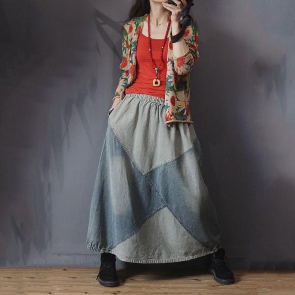 Blue Patchwork Denim Maxi Skirt Elastic Waist Korean Jean Skirt