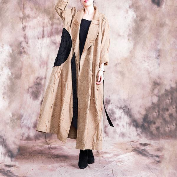 Patchwork Fringed Maxi Jacket Tailored Collar Tied Kimono Coat