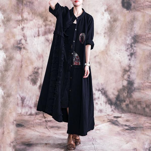 Folk Style Patchwork Black Shirt Dress Loose Linen Tassel Dress