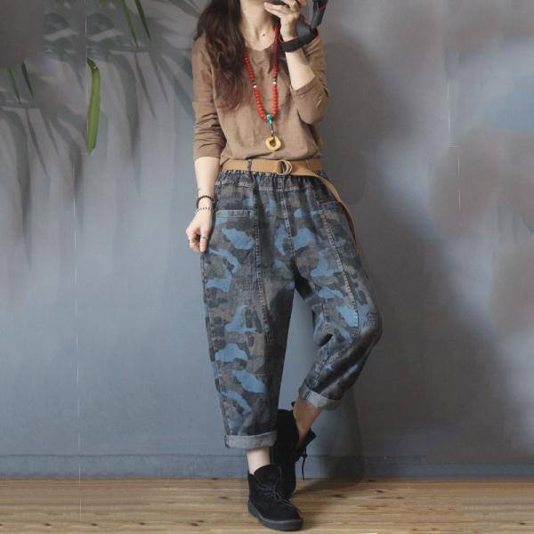 Blue Camouflage Pants Straight Pockets Womans Baggy Jeans