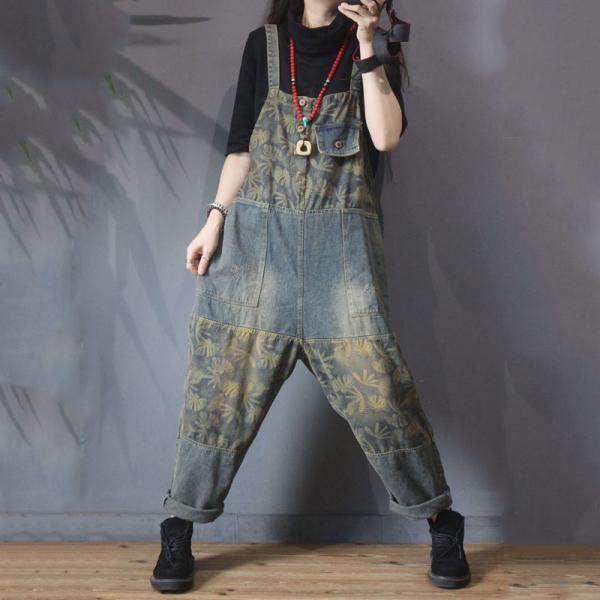 Tree Patterns Vintage Jean Overalls Loose Denim One Piece Pants