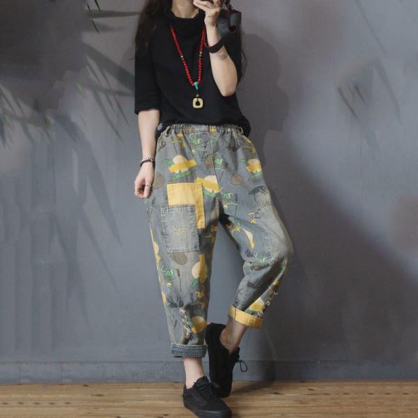 Korean Style Cartoon Jeans Baggy Patchwork Mom Jeans In 90s